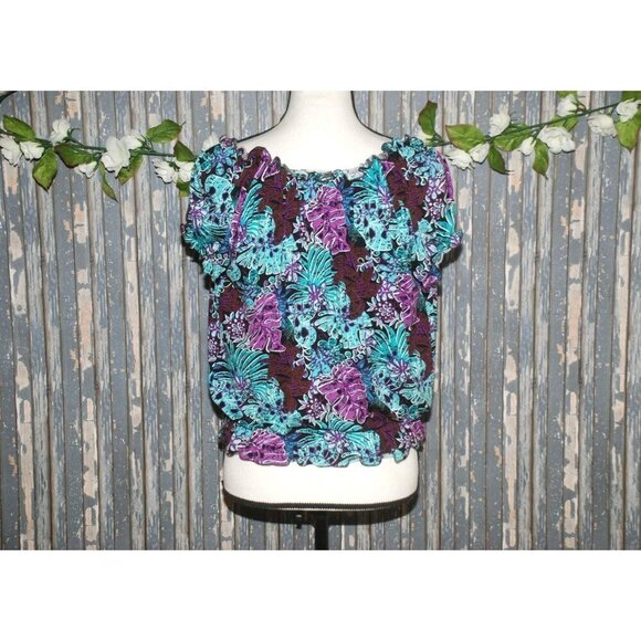 Lori Michaels Colorful Palm Print Top Blouse Size S Crop Short Sleeve Elastic Wa - Picture 7 of 10